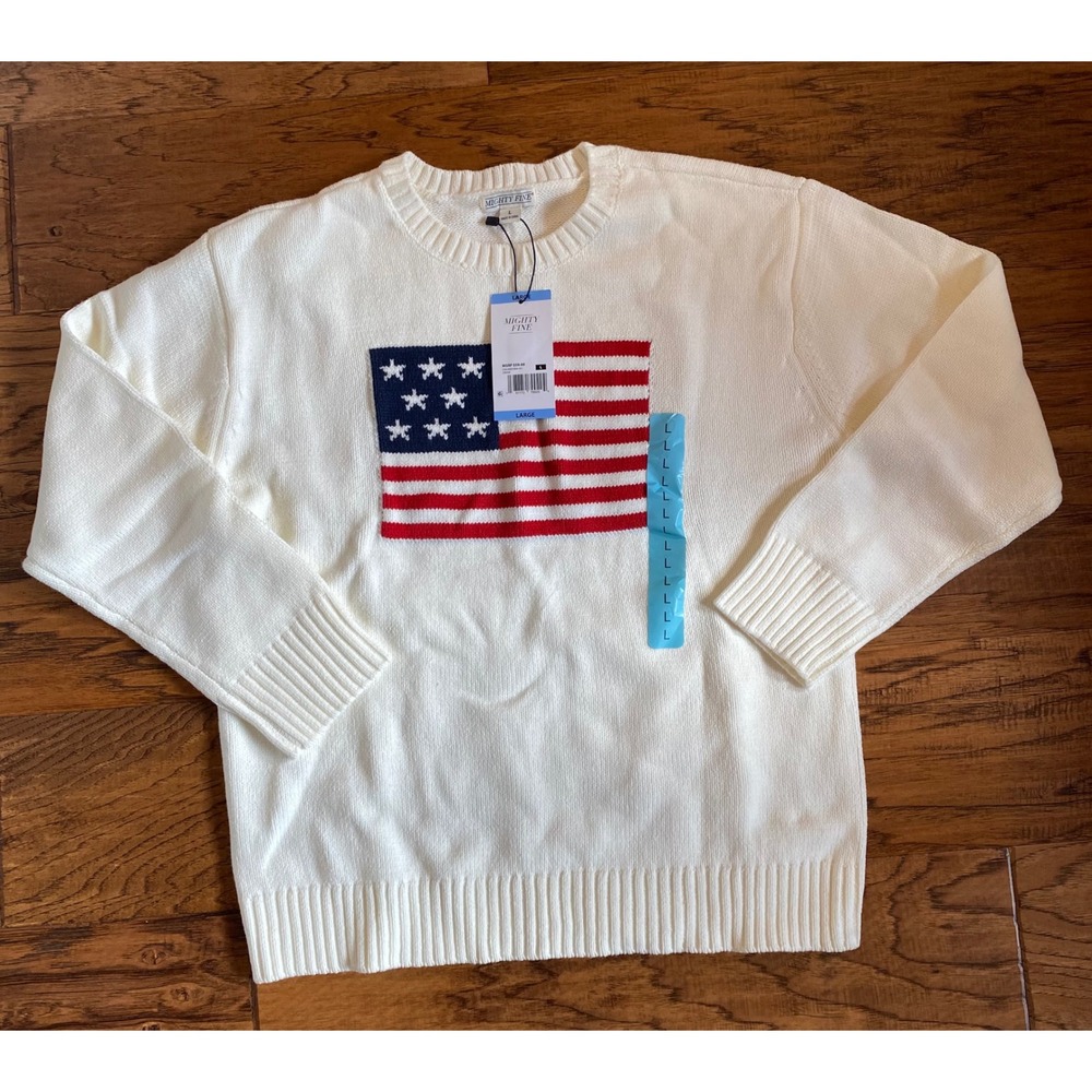Mighty Fine American Flag Sweater Cream‎ Knit Crew Neck Patriotic Mens Large NEW